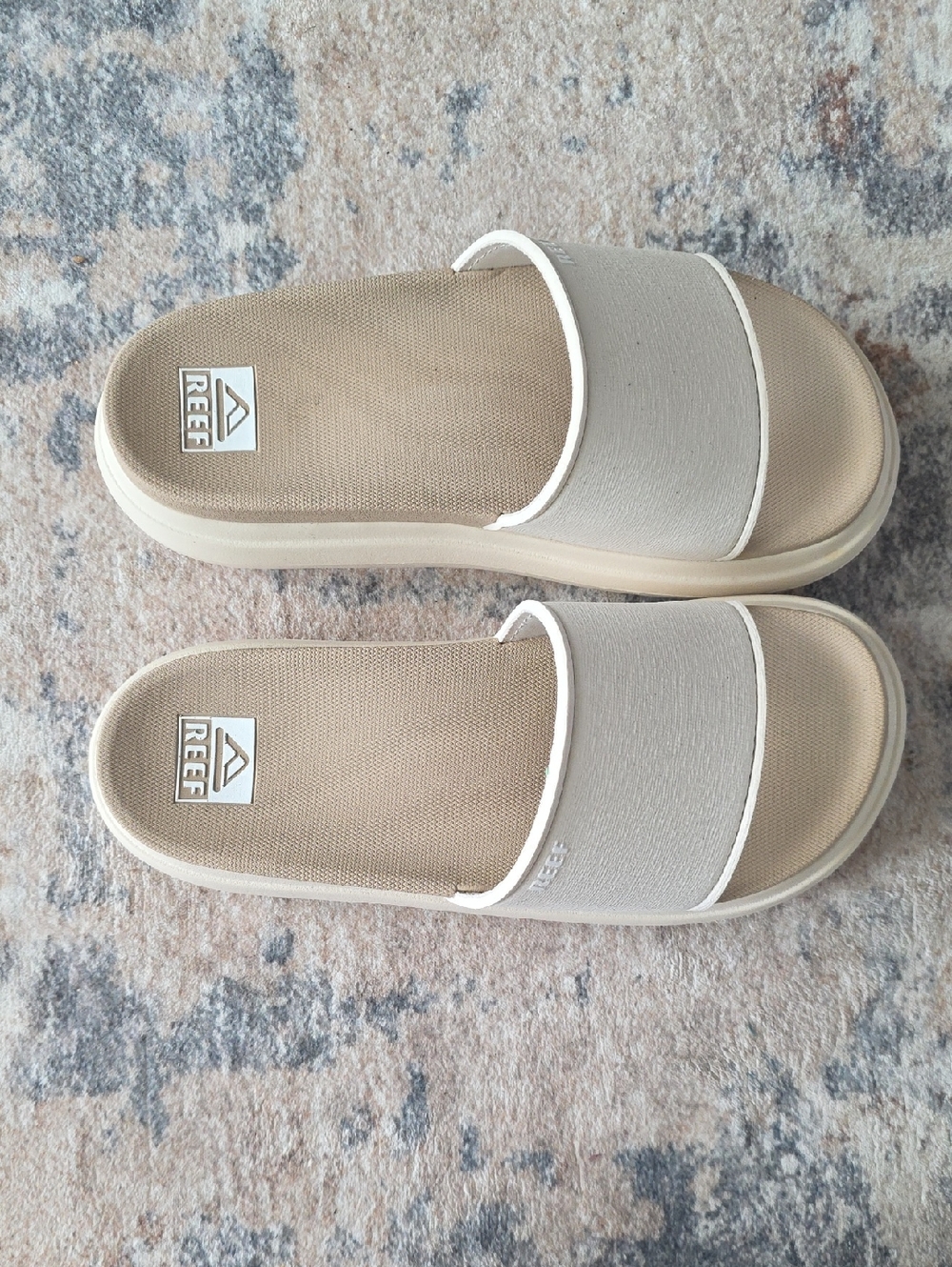 Reef Taupe and White Slide Sandals